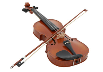 Fototapeta premium Classical wooden violin, glossy brown, detailed scroll, f-holes, bridge, and bow diagonally across, isolated on transparent studio background, UHD, 4K, sharp focus, commercial product photography