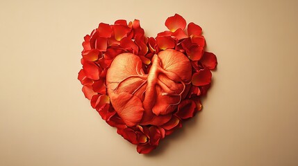 an anatomic heart made out of rose petals on a beige plain background,