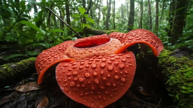 A large red parasitic Rafflesia flower blooms on a mossy log in a dense green forest