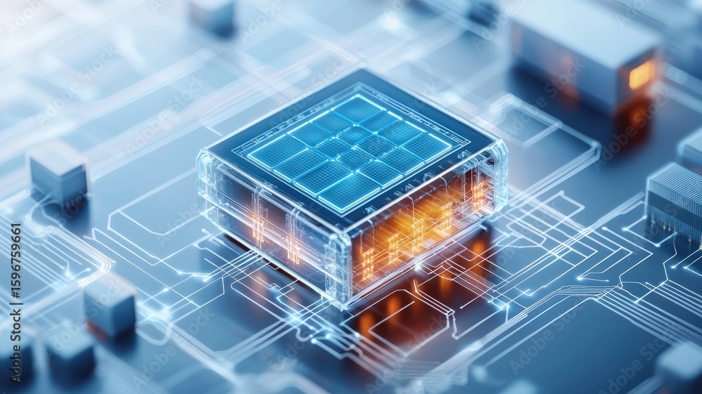 Poster a futuristic microchip glowing with blue and orange light, embedded on a high-tech circuit board wit