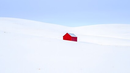 Red cabin in snow landscape photography, winter scene, snowy field, bright red house