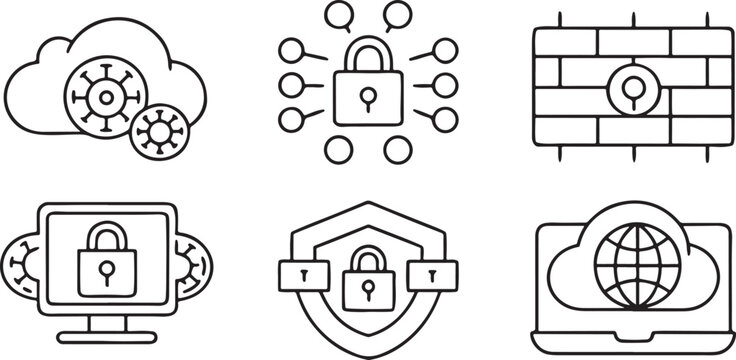 Isolated cybersecurity protection vector icons, secure browsing system, firewall settings, encrypted data lock, VPN access, digital safety tools, modern privacy tech elements