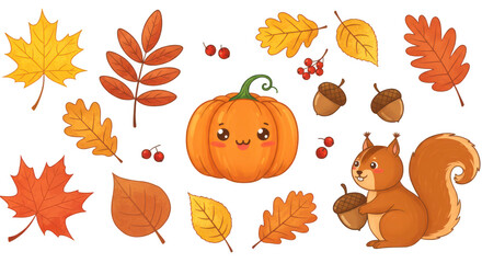 Photo of a charming cartoon illustration featuring autumn leaves, a cute pumpkin, and a playful squirrel isolated on transparent background