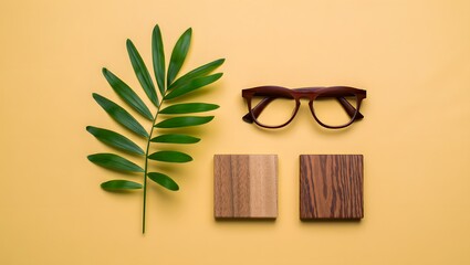 Wooden eyeglasses frames with leaf and coasters on yellow background flat lay style