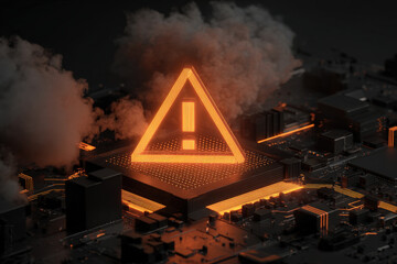 Glowing orange warning triangle with exclamation mark on circuit board background