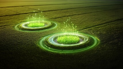 Two circular patches of green crops are digitally enhanced with glowing futuristic rings and light particles in a vast agricultural field.