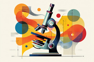 Retro microscope illustration with colorful abstract shapes on white background