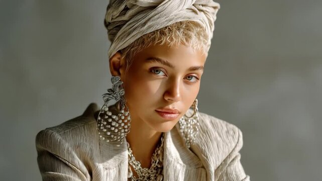 Fashionable woman with statement earrings and headwrap