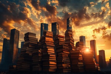 Towers of books against skyscraper silhouette at sunset