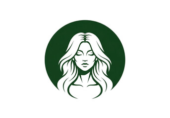 A circular logo featuring a stylized woman with long flowing white hair
