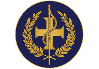 A circular emblem, centered in the image, features a golden cross superimposed on a dark-blue background