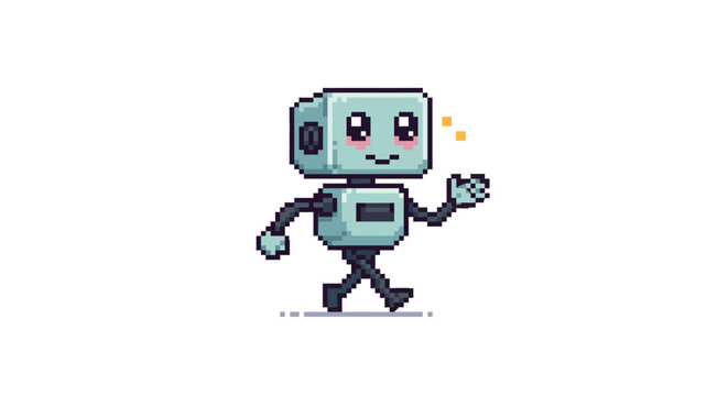 Cute pixel art robot walking with a cheerful expression