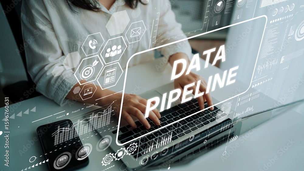 Poster modern data pipeline workflow with hands on laptop in contemporary office setting and digital interf