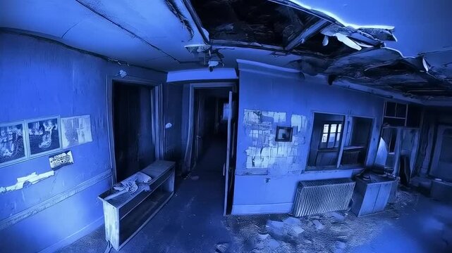 Eerie Abandoned Building Interior Revealing Decaying Structure with Blue Colorization