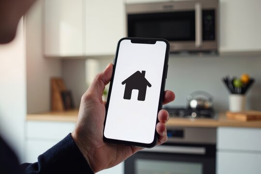 Man using smart home control on mobile phone in kitchen with mirror reflection. - Powered by Adobe