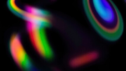 Blurred rainbow refraction overlay effect. Light lens prism effect on black background. Holographic reflection, crystal flare leak shadow overlay. Colorful rainbow disco ball light