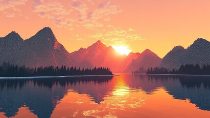 Majestic Sunrise Over Pixelated Mountains 