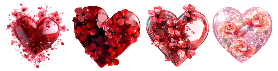 Set of red and pink floral heart shapes made of flowers and petals on white background
