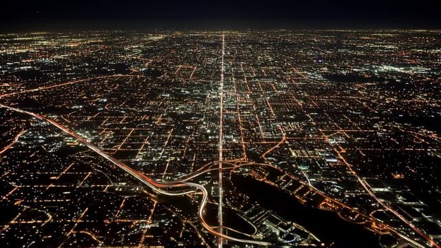 Aerial view of city lights at night with illuminated streets  