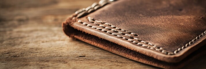 Close-up of hand-stitched leather wallet for blog or website header, 3:1 banner image with warm tones and textured surface, copy space on left for digital content