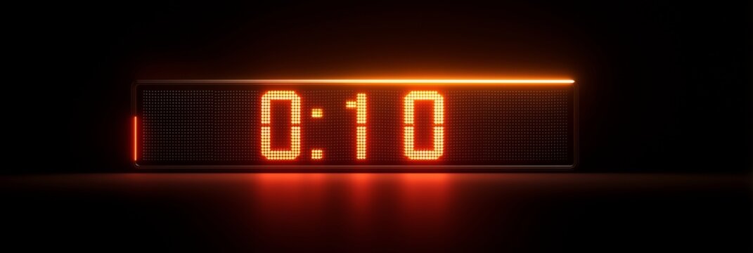 Rotating digital countdown display banner for website or blog header, 3:1 image with glowing orange digits on dark gradient background, modern style with copy space on right