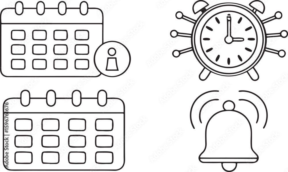Poster isolated time tracker and planner icons, productivity goal chart, alarm notification, to do list cal