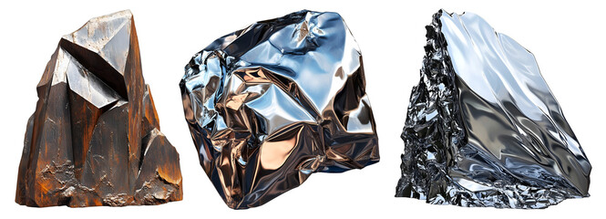 Set of shiny metallic and crystal mineral rocks in various shapes and textures isolated on white background

