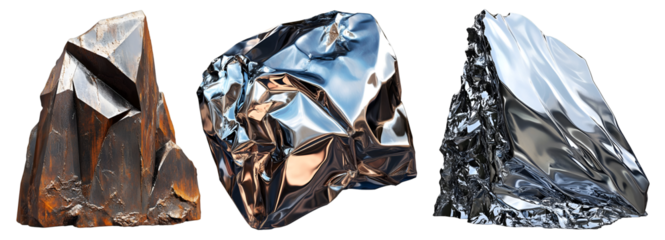 Set of shiny metallic and crystal mineral rocks in various shapes and textures isolated on white background
