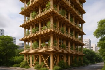 Innovative bamboo skyscraper showcasing sustainable building practices and eco conscious design in urban environment