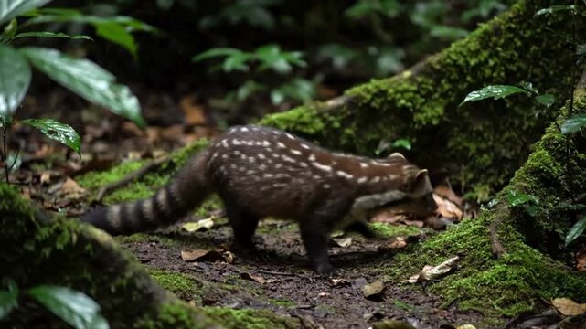 Spotted Genet in Lush Forest Habitat, Observing and Exploring the Environment