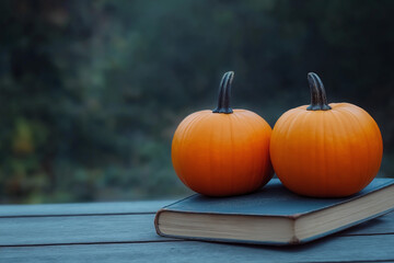 Two Mini Pumpkins on Book with Autumn Background and Warm Light