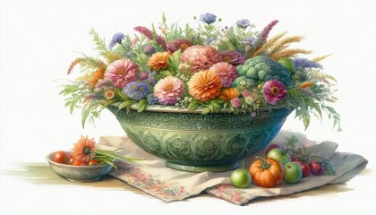 Vintage Floral Bowl with Fresh Garden Vegetables Watercolor Art