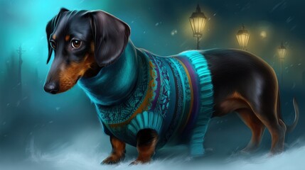 A Dachshund in a Colorful Sweater on a Winter Evening in Snow