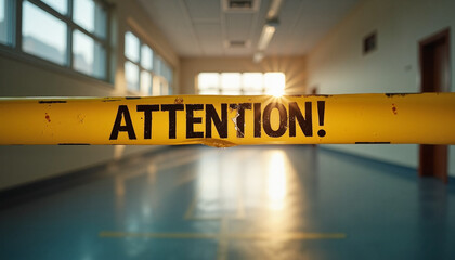 Caution tape reading "Attention!" in empty school hallway  