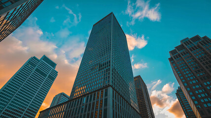 Obraz premium New York City's iconic skyline boasts towering glass skyscrapers reflecting the blue sky, a true architectural marvel of urban business