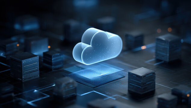 Cloud icon floating above data center devices with blue futuristic digital elements