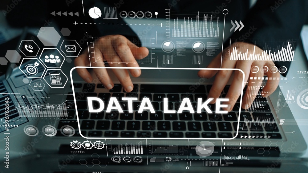 Poster data lake concept with hands on laptop surrounded by digital analytics and technology symbols. asymp