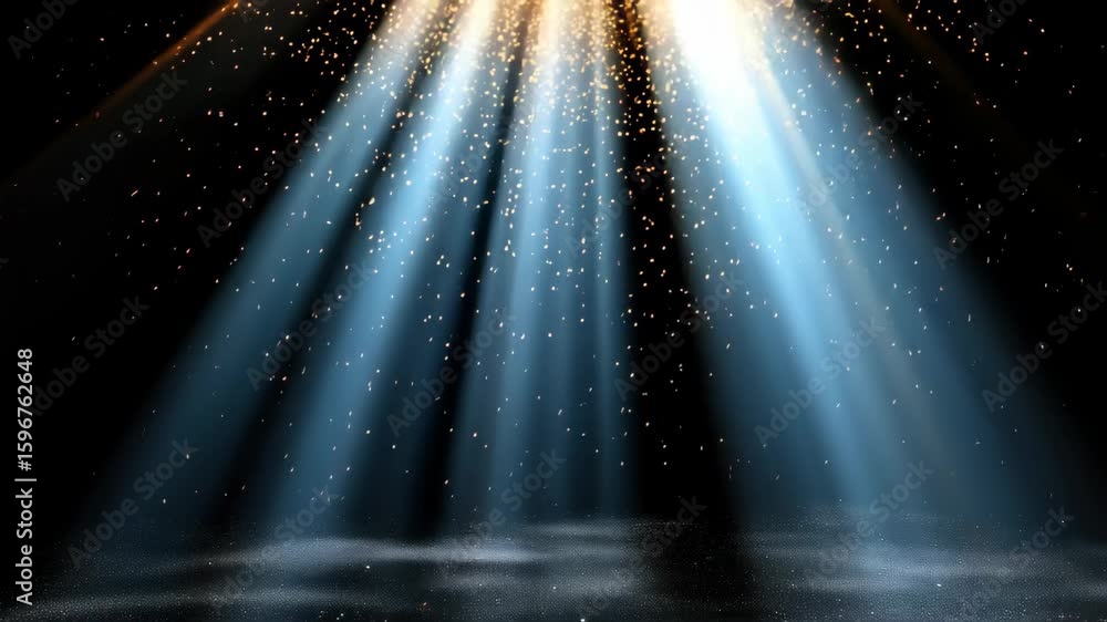 Poster a captivating video scene with a low-angle view of ethereal light beams and sparkling particles agai