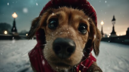 Cute Dog in Red Coat with Snowflakes in a Winter Landscape