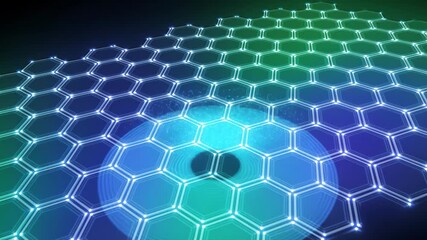 Cybernetic hexagon pulse animation glowing with soft neon light across futuristic abstract tech grid - Powered by Adobe