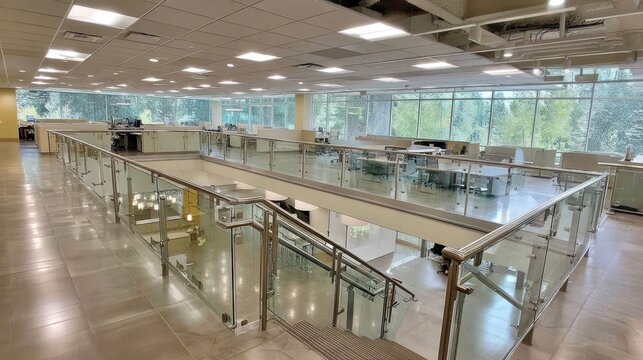 Glass balustrades and stairs in a modern office building.