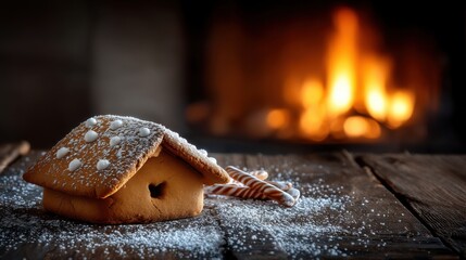 Cozy Gingerbread House with Frosting Near Warm Fireplace Flames