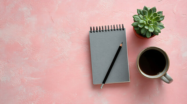 Gray notebook with black pencil beside coffee cup and succulent on pink textured surface image