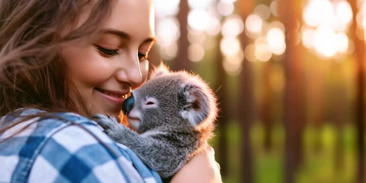 Woman holding a baby koala outdoors - adorable wildlife pet - exotic pet