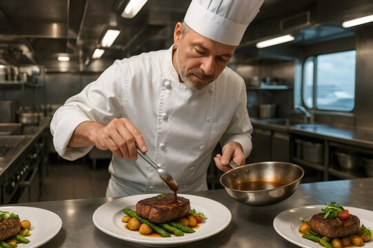 Professional chef adding finishing touch to gourmet steak dish, demonstrating culinary expertise in commercial kitchen