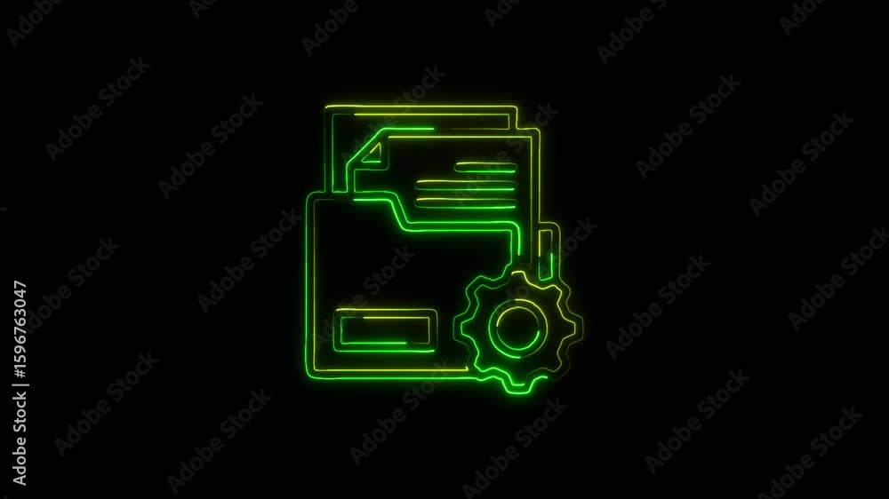 Poster neon document and gear icon a symbol of document management and automation, representing efficiency,
