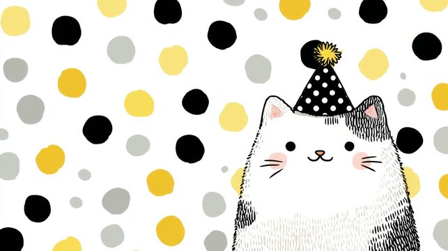Playful illustrated cat in polka dot birthday hat on festive polka dot background for party invitations, children's events, or cheerful greeting cards