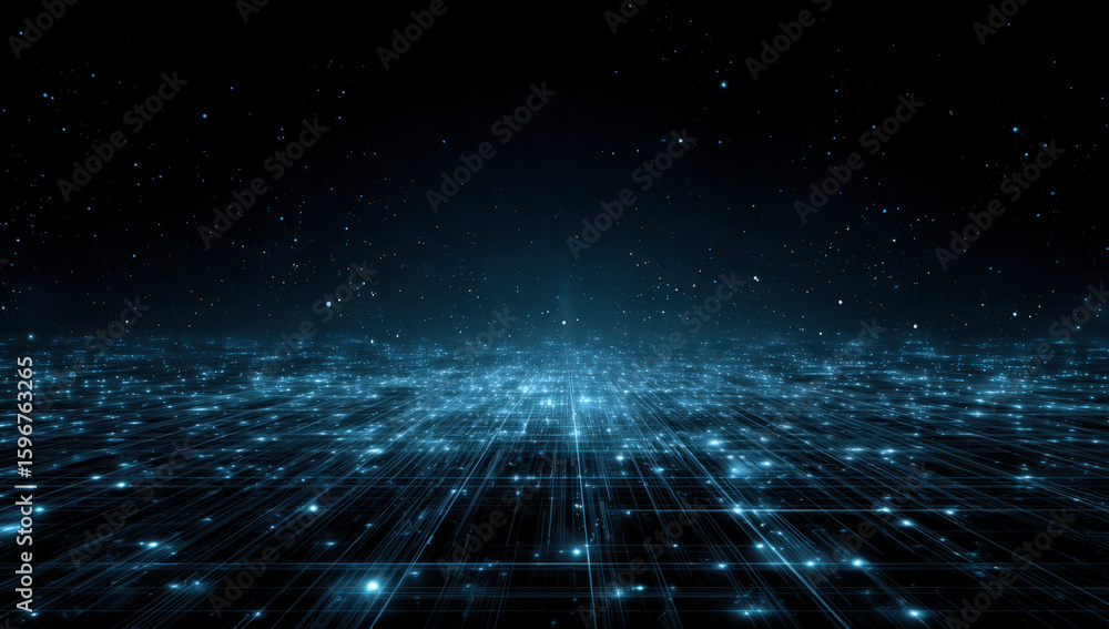 Poster abstract blue digital background with glowing particles and grid lines on dark space