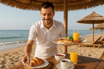 Smiling waiter serving breakfast with eggs, bacon, croissant, orange juice and coffee, on a wooden table under a parasol on a tropical beach