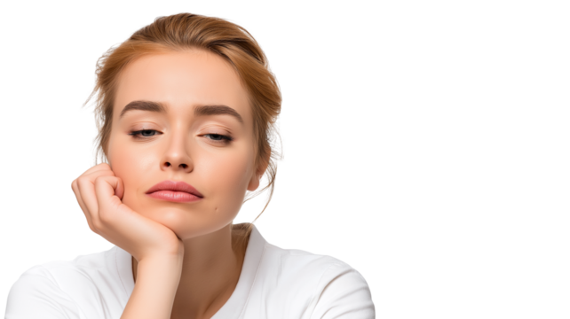 Young woman resting chin on hand with eyes half closed, showing calm and relaxed expression, wearing white shirt and having light brown hair styled back